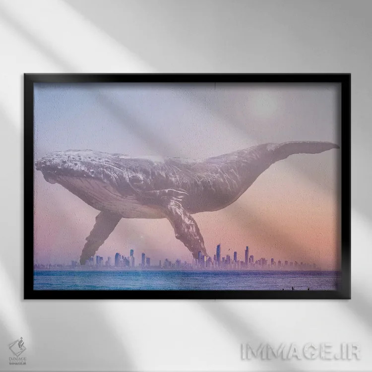 تابلو نهنگ عظیم بر فراز شهر ساحلی مهآلود اثر دیوید لوبلاو - نمای قابدار مشکی