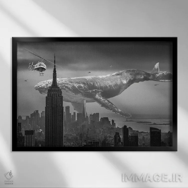 تابلو نهنگ غولپیکر بالای نیویورک اثر دیوید لوبلاو - نمای قابدار مشکی