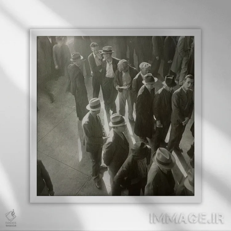 تابلو مردان منتظر ثبت درخواست در روزهای آغازین غرامت بیکاری در کالیفرنیا اثر دوروتیا لنگ (عکاس مستند آمریکایی) - نمای قابدار سفید