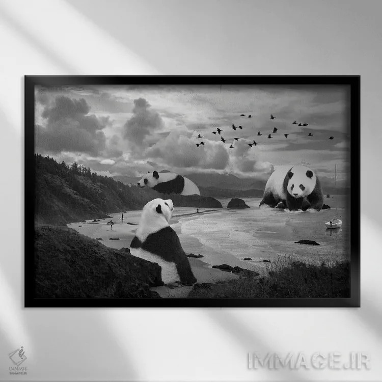 تابلو پاندای غولپیکر در کنار ساحل اثر دیوید لوبلاو - نمای قابدار مشکی