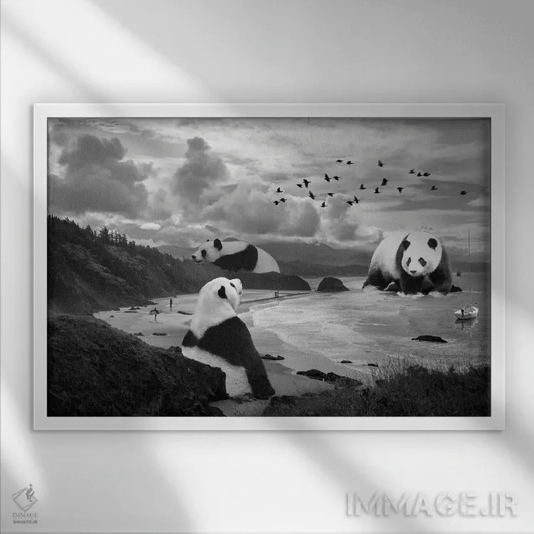 تابلو پاندای غولپیکر در کنار ساحل اثر دیوید لوبلاو - نمای قابدار سفید