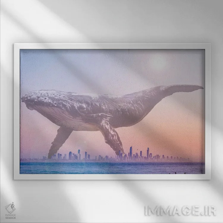 تابلو نهنگ عظیم بر فراز شهر ساحلی مهآلود اثر دیوید لوبلاو - نمای قابدار سفید