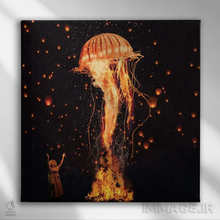تابلو عروس دریایی که از شعلهها برمیخیزد اثر دیوید لوبلاو - نمای روبهرو روی دیوار