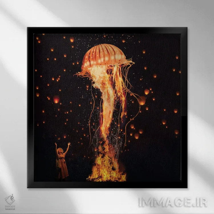 تابلو عروس دریایی که از شعلهها برمیخیزد اثر دیوید لوبلاو - نمای قابدار مشکی