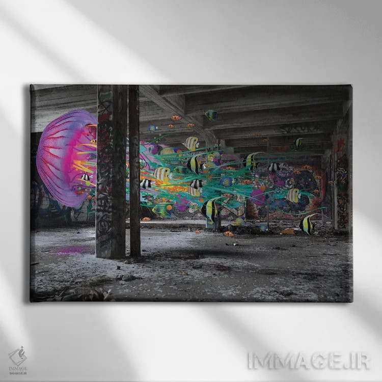 تابلو عروسهای دریایی فراواقعی در زیرزمین اثر دیوید لوبلاو - نمای روبهرو روی دیوار