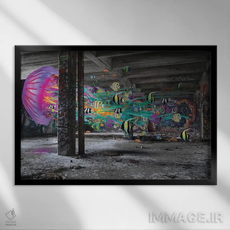 تابلو عروسهای دریایی فراواقعی در زیرزمین اثر دیوید لوبلاو - نمای قابدار مشکی