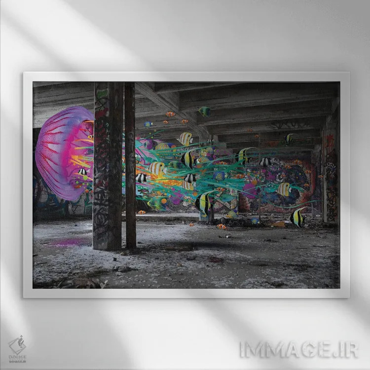 تابلو عروسهای دریایی فراواقعی در زیرزمین اثر دیوید لوبلاو - نمای قابدار سفید