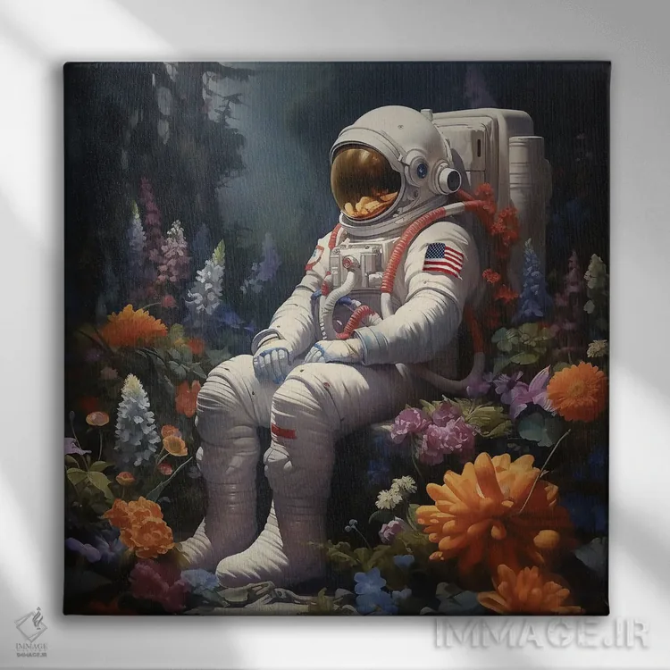 تابلو فضانورد با گلها اثر دیوید لوبلاو - نمای روبهرو روی دیوار