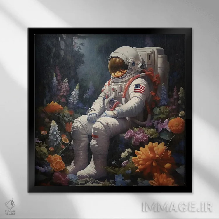 تابلو فضانورد با گلها اثر دیوید لوبلاو - نمای قابدار مشکی