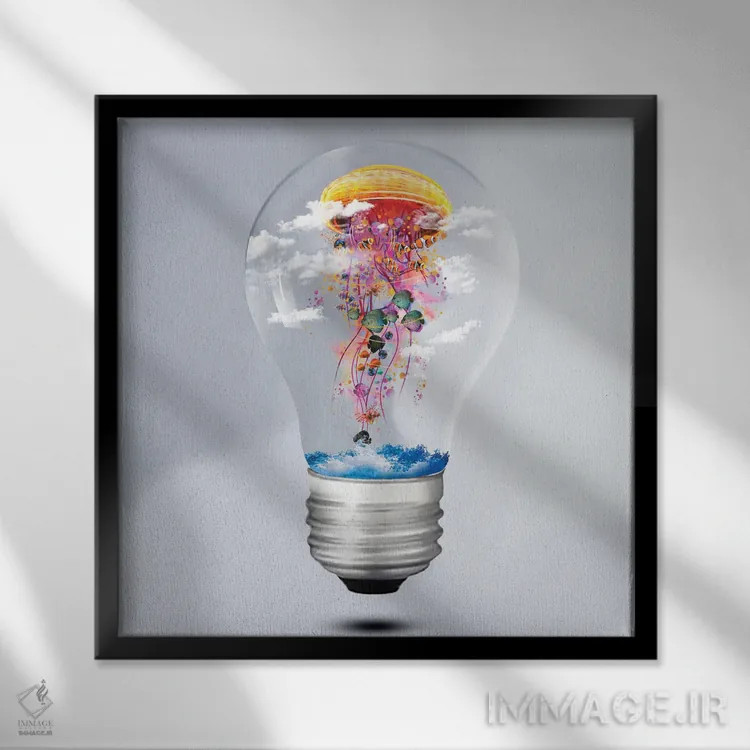 تابلو لامپ عروس دریایی برقی اثر دیوید لوبلاو - نمای قابدار مشکی