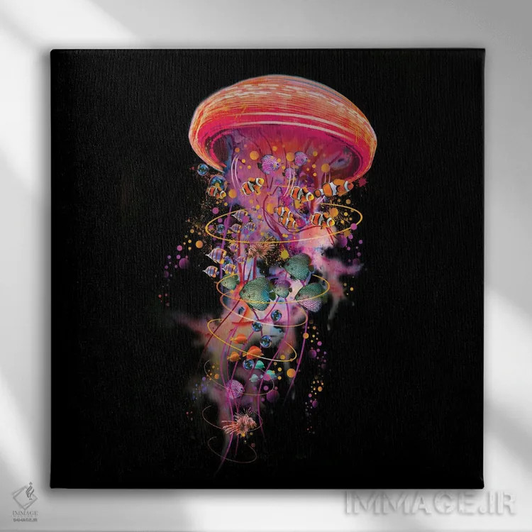 تابلو جهان عروس دریایی برقی در قرمز اثر دیوید لوبلاو - نمای روبهرو روی دیوار