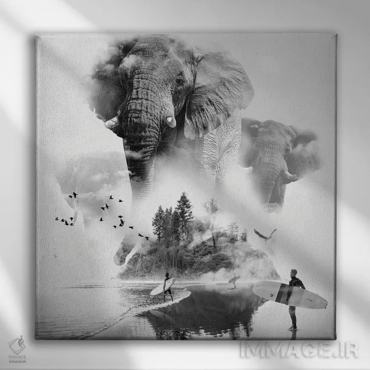 تابلو فیل در میان مه موجسوار اثر دیوید لوبلاو - نمای روبهرو روی دیوار