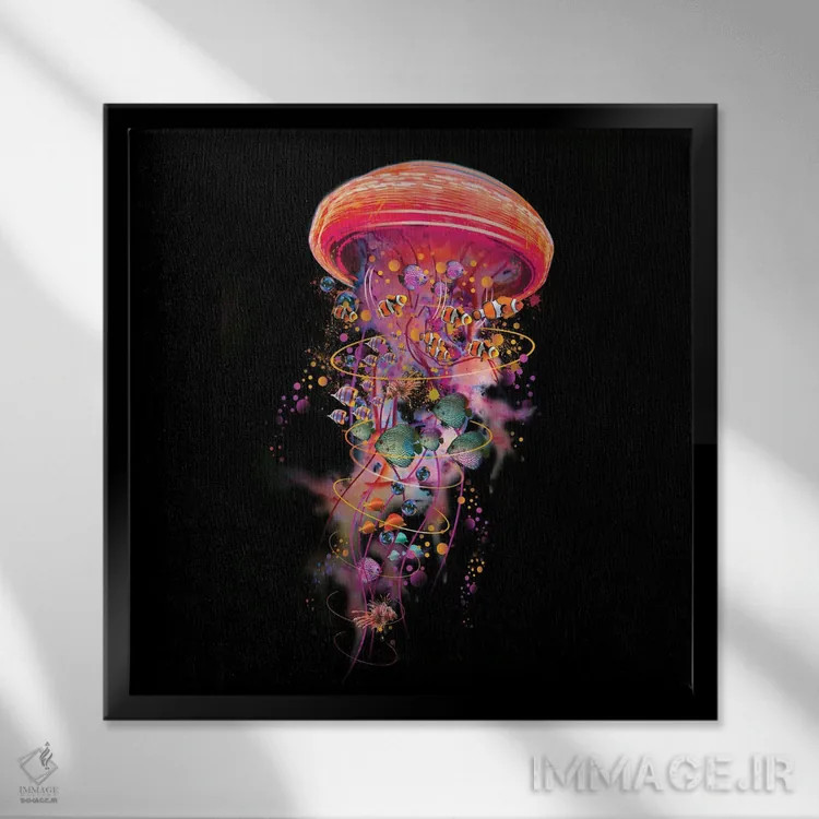 تابلو جهان عروس دریایی برقی در قرمز اثر دیوید لوبلاو - نمای قابدار مشکی