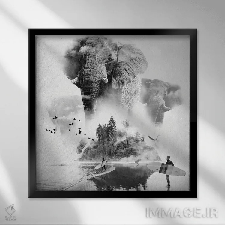 تابلو فیل در میان مه موجسوار اثر دیوید لوبلاو - نمای قابدار مشکی