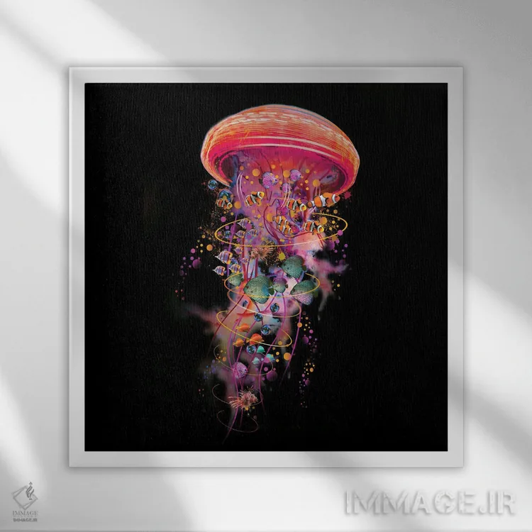 تابلو جهان عروس دریایی برقی در قرمز اثر دیوید لوبلاو - نمای قابدار سفید