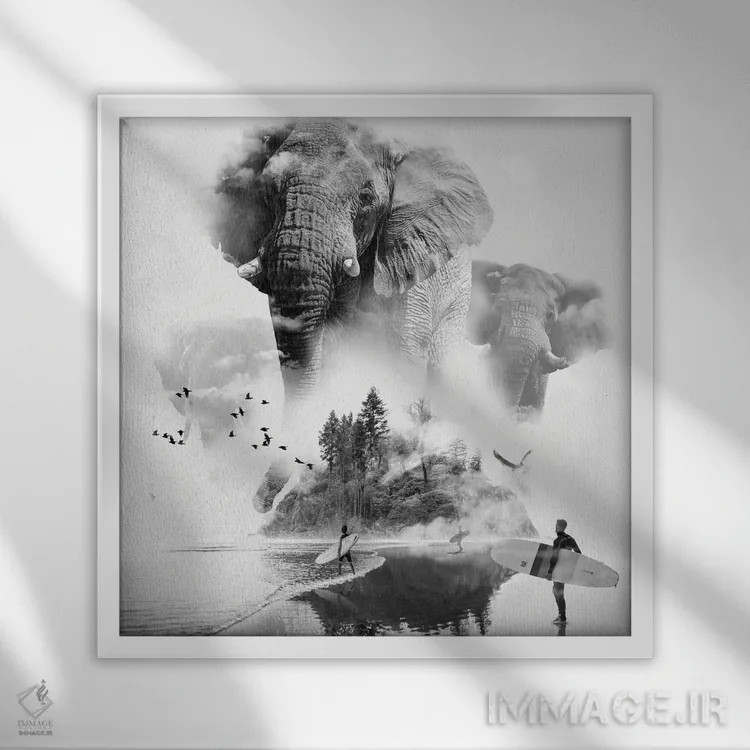 تابلو فیل در میان مه موجسوار اثر دیوید لوبلاو - نمای قابدار سفید