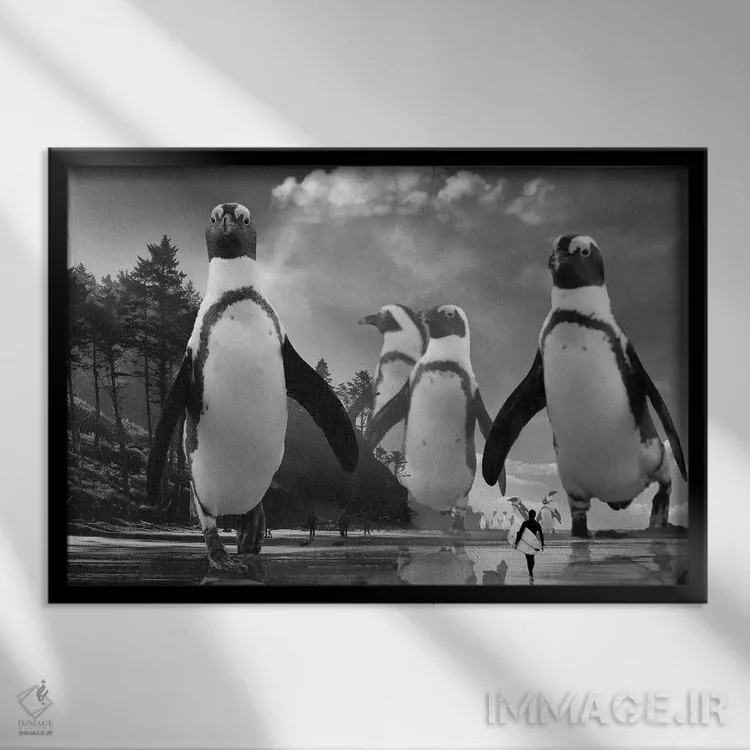 تابلو قدمزدن پنگوئنها اثر دیوید لوبلاو - نمای قابدار مشکی