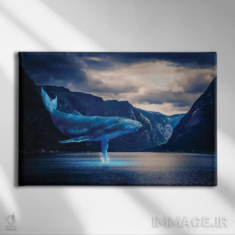 تابلو تماشای نهنگها در دریاچه و کوهستان اثر دیوید لوبلاو - نمای روبهرو روی دیوار