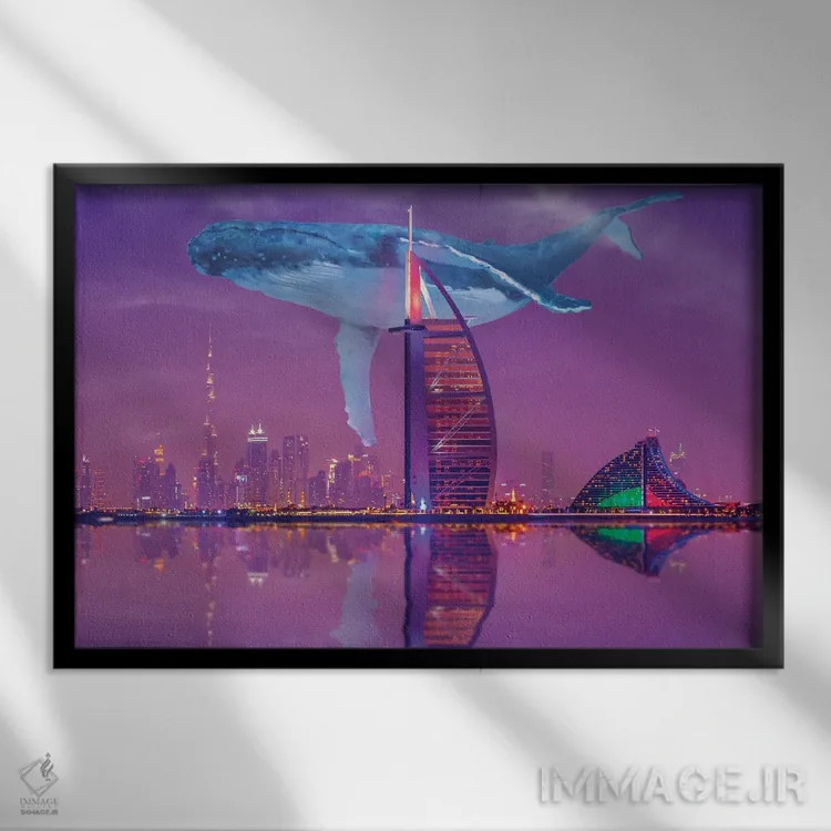 تابلو نهنگ بر فراز دبی اثر دیوید لوبلاو - نمای قابدار مشکی
