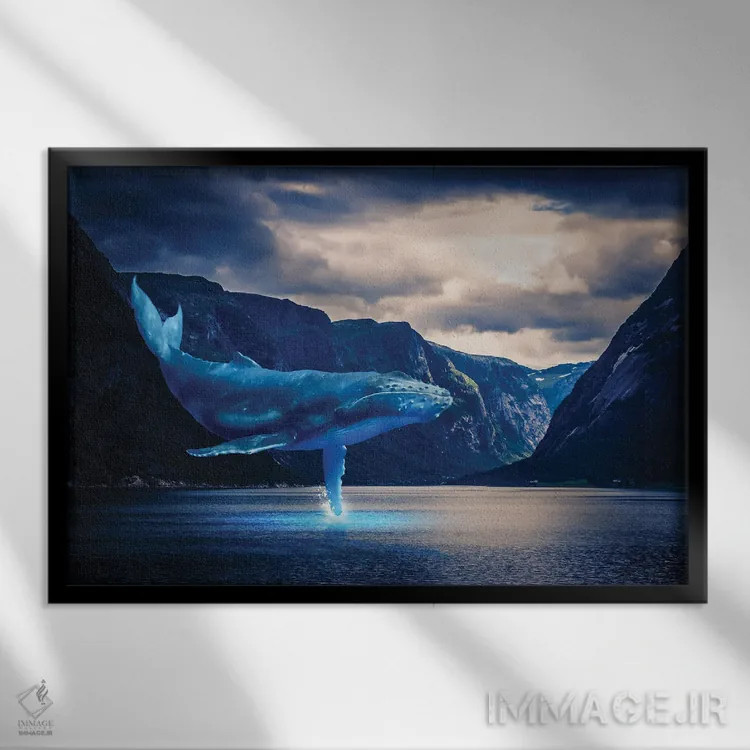 تابلو تماشای نهنگها در دریاچه و کوهستان اثر دیوید لوبلاو - نمای قابدار مشکی