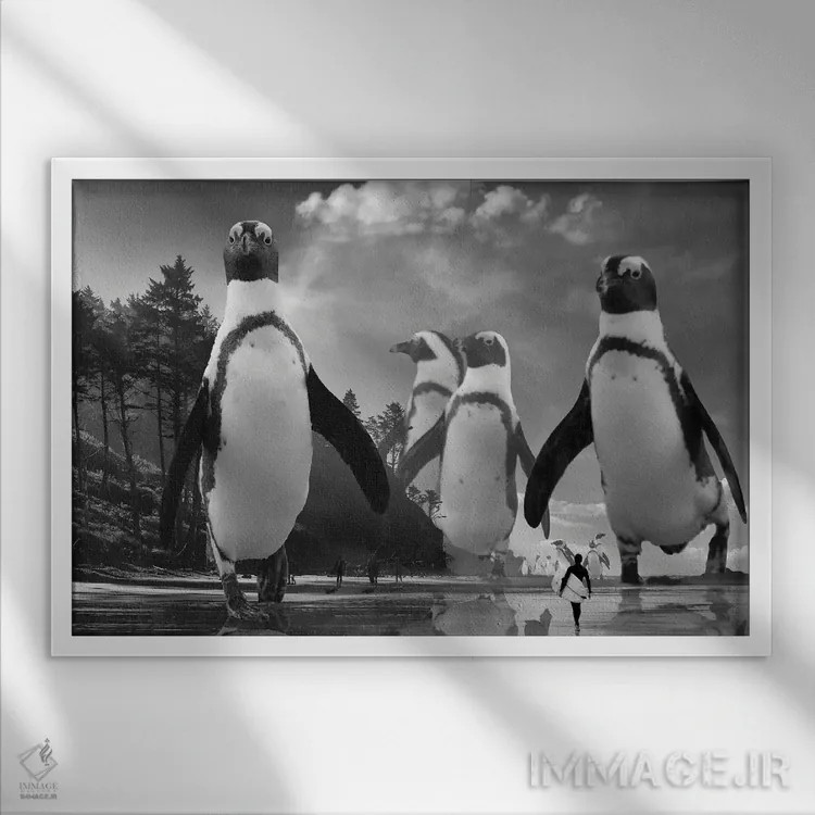 تابلو قدمزدن پنگوئنها اثر دیوید لوبلاو - نمای قابدار سفید
