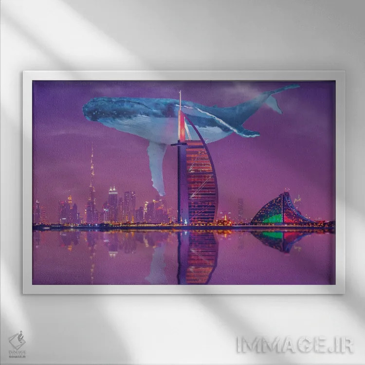 تابلو نهنگ بر فراز دبی اثر دیوید لوبلاو - نمای قابدار سفید