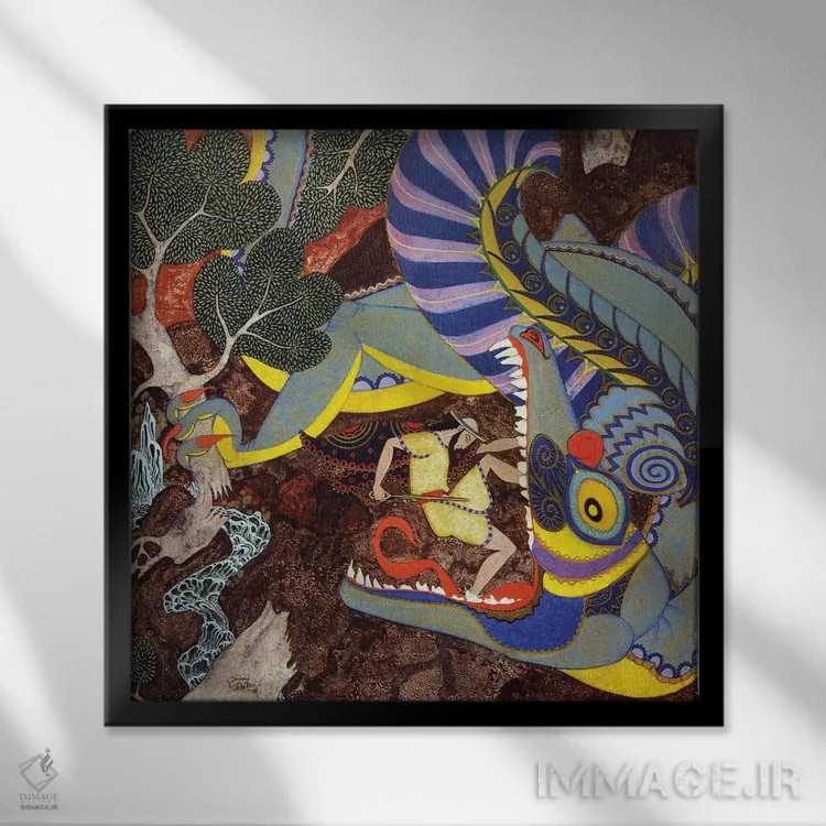 تابلو تنگلوود: شمشیرش را کشید و به سوی هیولا یورش برد اثر ادموند دولاک (نقاش و تصویرگر فرانسوی-انگلیسی) - نمای قابدار مشکی