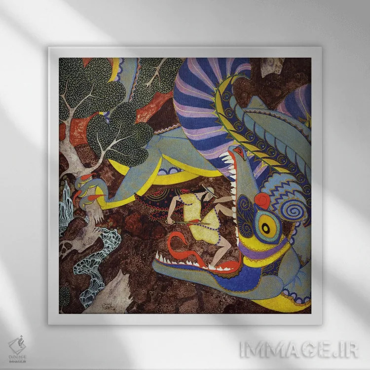 تابلو تنگلوود: شمشیرش را کشید و به سوی هیولا یورش برد اثر ادموند دولاک (نقاش و تصویرگر فرانسوی-انگلیسی) - نمای قابدار سفید