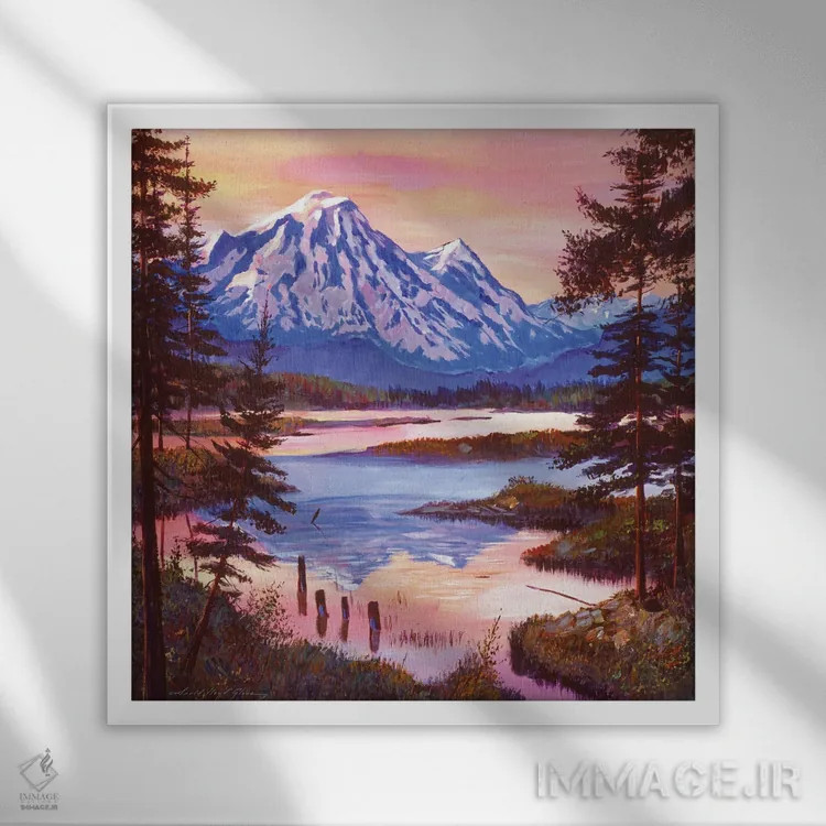 تابلو ساحل کوهستانی در اولین نور اثر دیوید لوید گلوور - نمای قابدار سفید