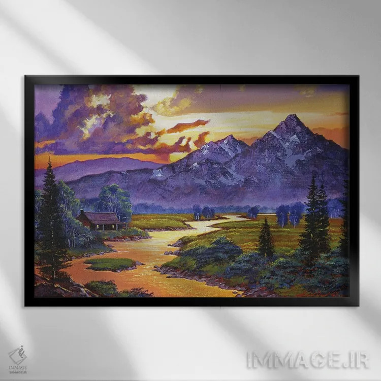 تابلو کلبهٔ کنار رودخانه اثر دیوید لوید گلوور - نمای قابدار مشکی