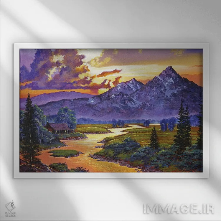 تابلو کلبهٔ کنار رودخانه اثر دیوید لوید گلوور - نمای قابدار سفید