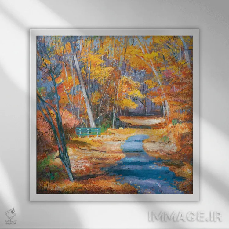 تابلو نیمکت پارک در پاییز اثر دیوید لوید گلوور - نمای قابدار سفید