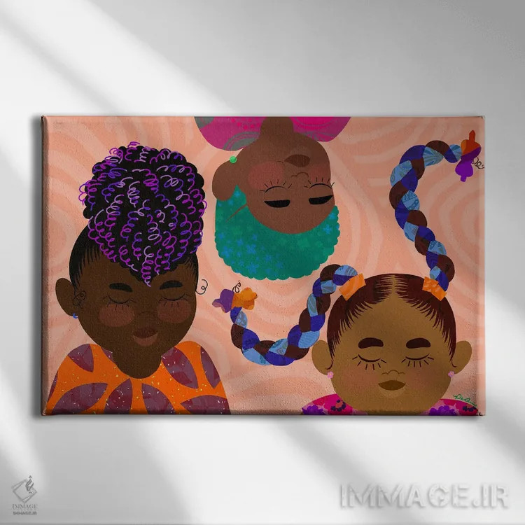 تابلو دختران سیاهپوست رنگارنگ اثر دیلاشه آرتیستری (استودیو هنری) - نمای روبهرو روی دیوار