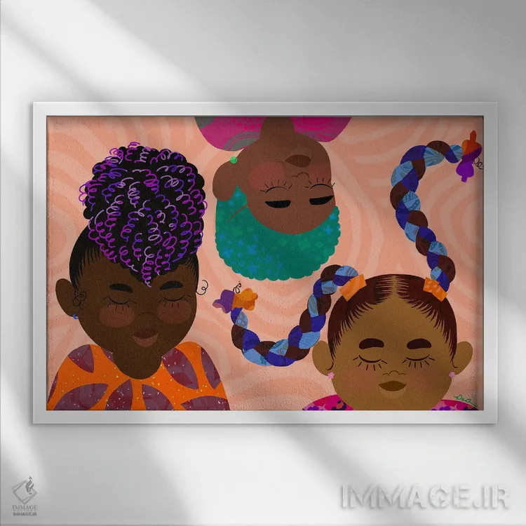 تابلو دختران سیاهپوست رنگارنگ اثر دیلاشه آرتیستری (استودیو هنری) - نمای قابدار سفید