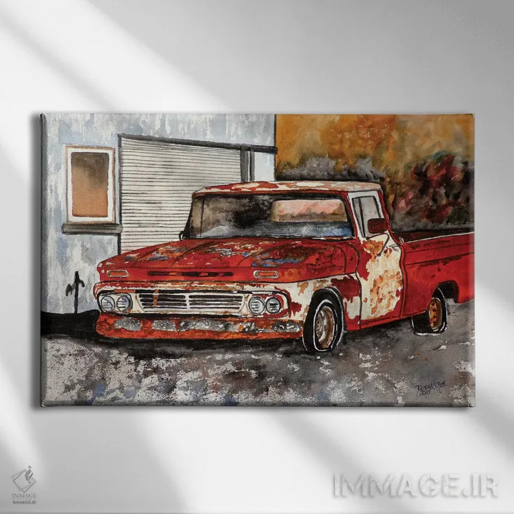 تابلو وانت شورلت قدیمی اثر درک مککری - نمای روبهرو روی دیوار