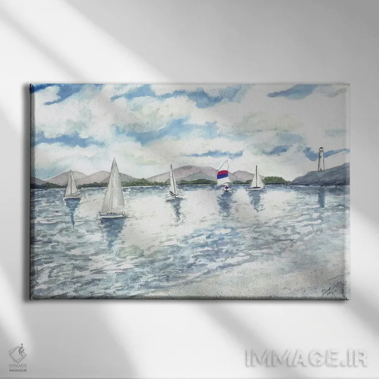 تابلو چشمانداز دریایی با قایقهای بادبانی اثر درک مککری - نمای روبهرو روی دیوار