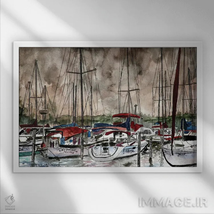 تابلو قایقهای بادبانی در شب اثر درک مککری - نمای قابدار سفید