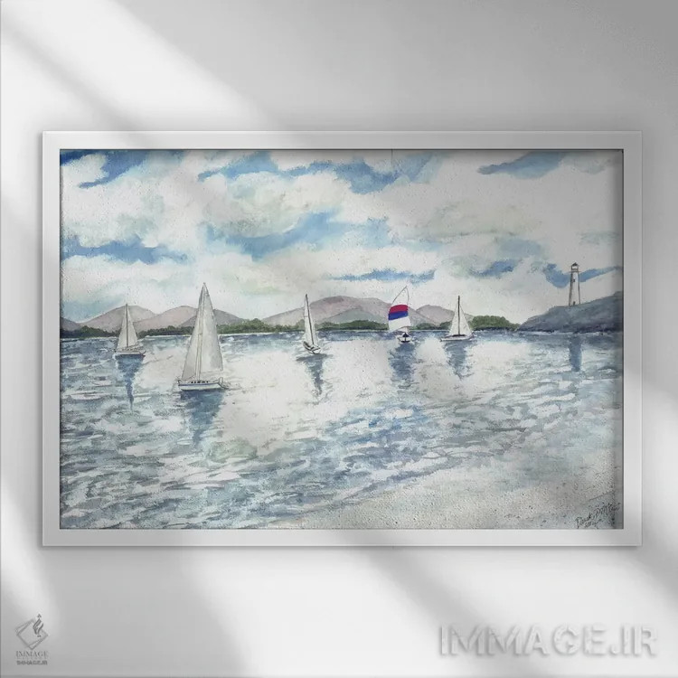 تابلو چشمانداز دریایی با قایقهای بادبانی اثر درک مککری - نمای قابدار سفید
