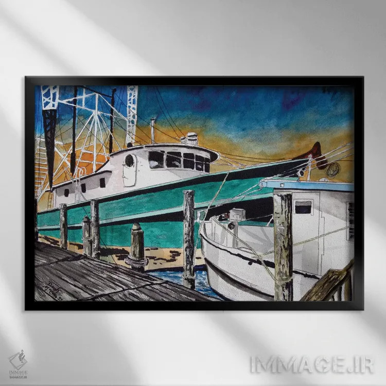 تابلو قایقهای میگوگیری II اثر درک مککری - نمای قابدار مشکی