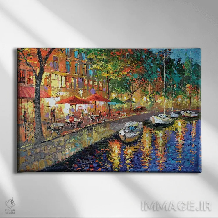 تابلو نمای شهری کافه شبانه اثر دمیتری اسپیروس - نمای روبهرو روی دیوار