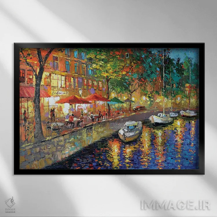 تابلو نمای شهری کافه شبانه اثر دمیتری اسپیروس - نمای قابدار مشکی