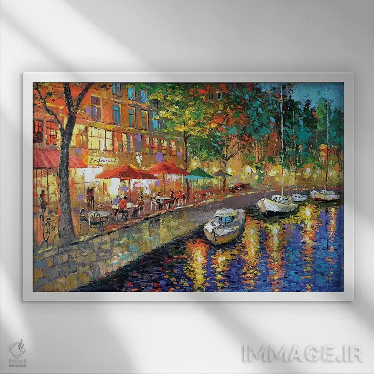 تابلو نمای شهری کافه شبانه اثر دمیتری اسپیروس - نمای قابدار سفید