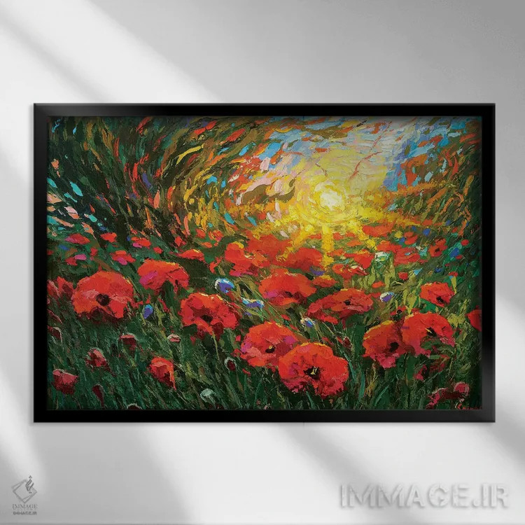 تابلو شقایقها در غروب اثر دمیتری اسپیروس - نمای قابدار مشکی