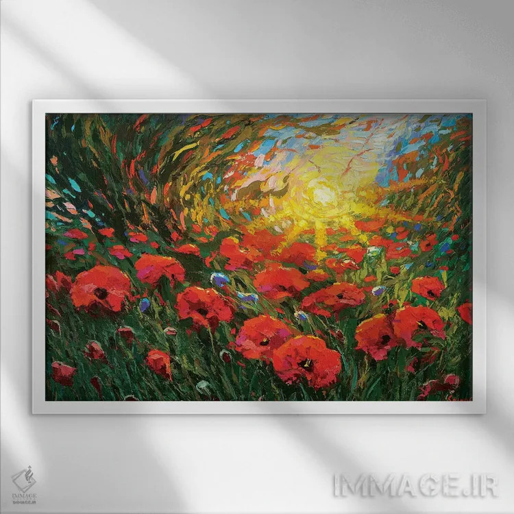 تابلو شقایقها در غروب اثر دمیتری اسپیروس - نمای قابدار سفید