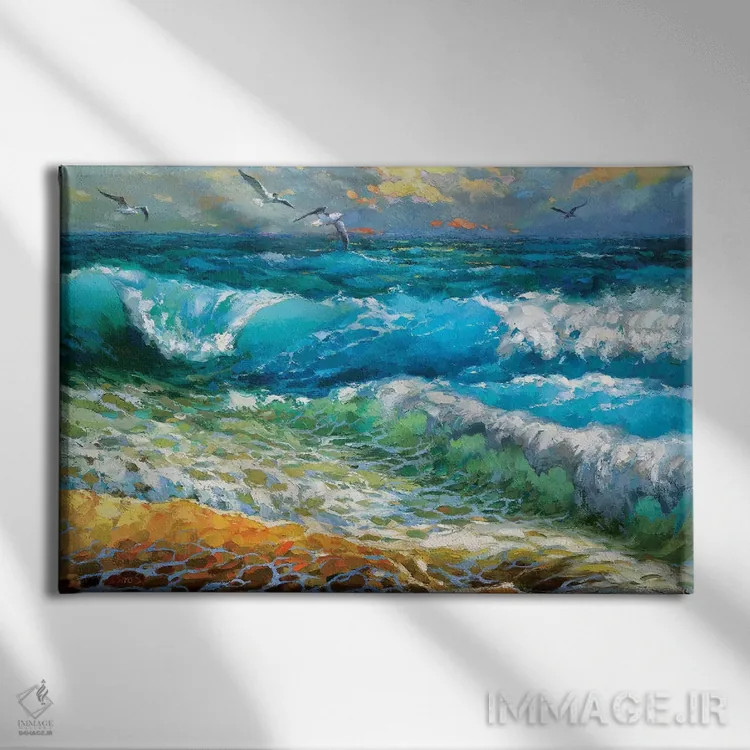 تابلو درخشش امواج لاجوردی اثر دمیتری اسپیروس - نمای روبهرو روی دیوار