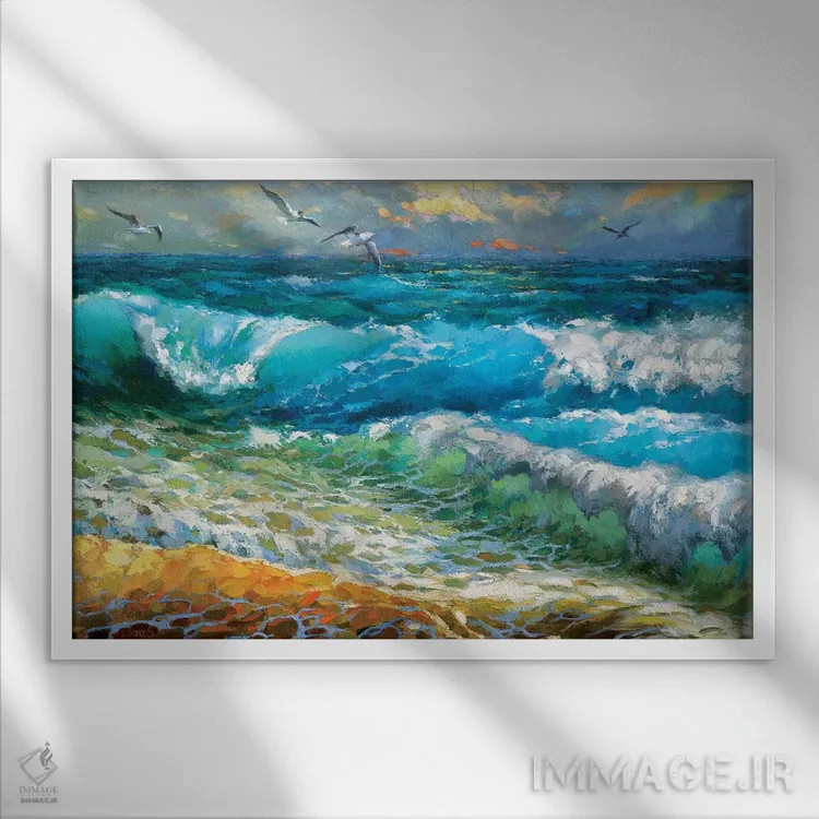 تابلو درخشش امواج لاجوردی اثر دمیتری اسپیروس - نمای قابدار سفید