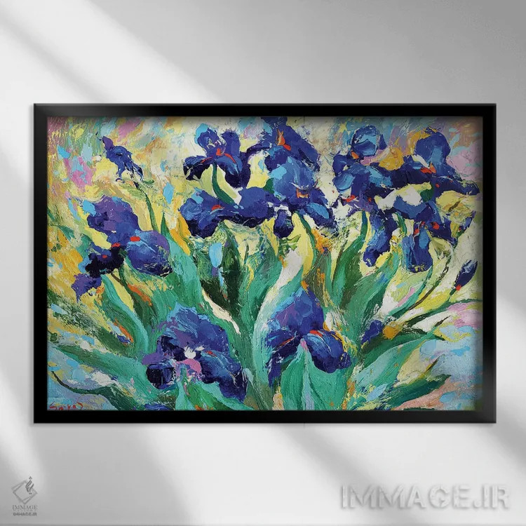 تابلو زنبقهای آبی ۱ اثر دمیتری اسپیروس - نمای قابدار مشکی