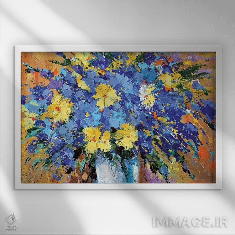 تابلو گلهای آبی اثر دمیتری اسپیروس - نمای قابدار سفید