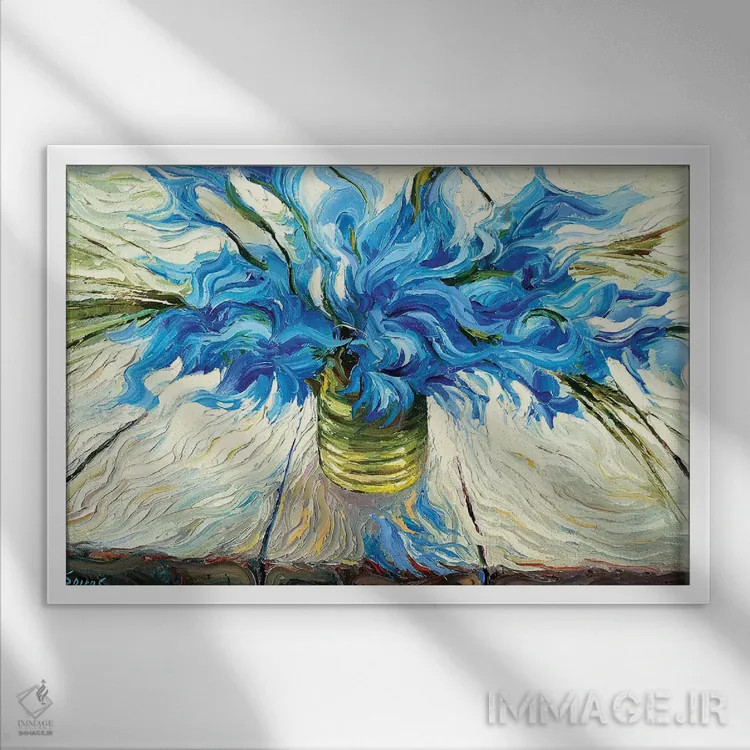 تابلو دسته گل آبی اثر دمیتری اسپیروس - نمای قابدار سفید