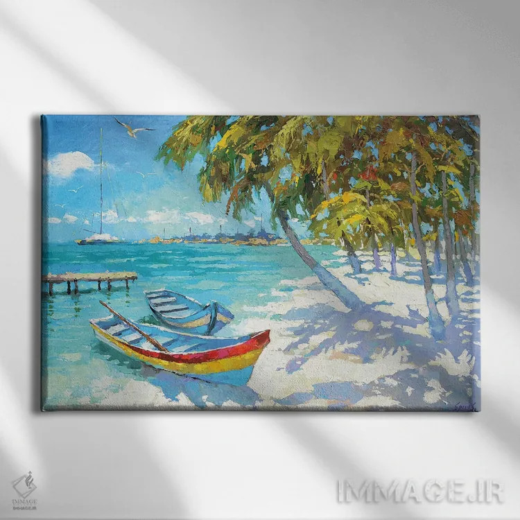 تابلو قایقهای ماهیگیری در ساحل اثر دمیتری اسپیروس - نمای روبهرو روی دیوار